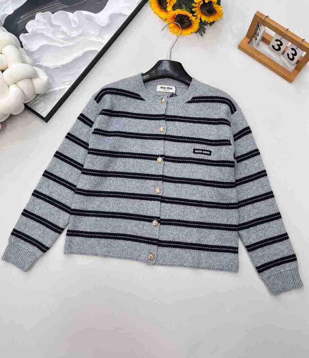 Miu Miu Grey Striped Knit Cropped Cardigan